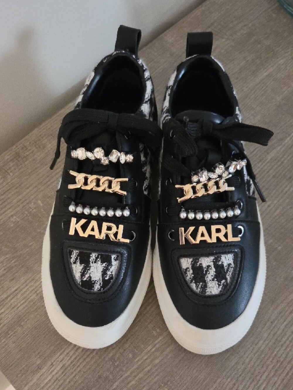 Karl Lagerfeld Black White Gretel Houndstooth Rhinestone Platform Sneakers 6.5 - Picture 3 of 8